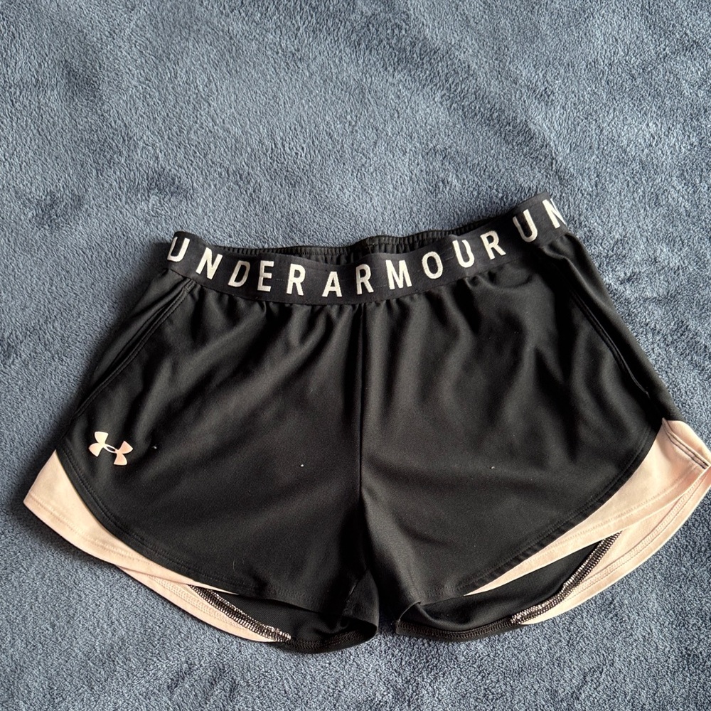 Under Armour Women's Black and Pink Athletic Shorts with pockets